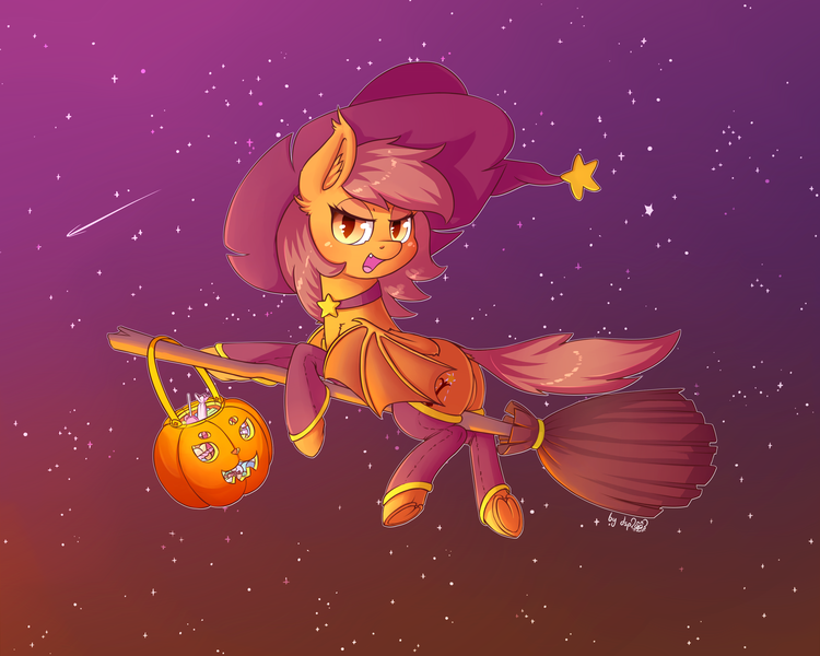 Size: 3125x2500 | Tagged: safe, alternate version, artist:dsp2003, derpibooru import, oc, oc:meadow stargazer, unofficial characters only, bat pony, bedroom eyes, blushing, broom, candy, cute, female, flying, flying broomstick, food, frog (hoof), halloween, hat, holiday, looking at you, mare, ocbetes, open mouth, pumpkin bucket, race swap, underhoof, witch, witch hat