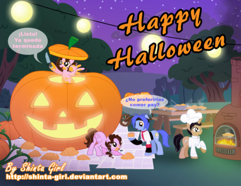 Size: 1024x791 | Tagged: angel pony, artist:shinta-girl, derpibooru import, group, halloween, holiday, jack-o-lantern, oc, oc:aaron pony, oc:joshka, oc:shinta pony, pumpkin, safe, unofficial characters only