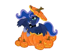 Size: 1024x745 | Tagged: artist:emberwolfsart, cute, derpibooru import, halloween, holiday, horseshoes, jack-o-lantern, lunabetes, princess luna, pumpkin, rearing, safe, simple background, solo, transparent background