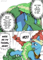 Size: 1003x1409 | Tagged: artist needed, suggestive, derpibooru import, meadowbrook, oc, oc:anon, human, pony, 2 panel comic, bad touch, bucking, clothes, comic, drawthread, human male, male, molestation, pervert, plot, skirt, skirt lift, upskirt