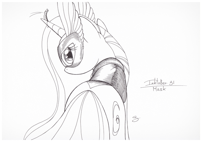 Size: 1073x759 | Tagged: safe, artist:sherwoodwhisper, derpibooru import, oc, oc:eri, unofficial characters only, mouse, pony, unicorn, cape, clothes, female, inktober, inktober 2017, looking at you, looking back, looking back at you, mask, monochrome, solo, traditional art