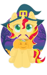 Size: 1200x1900 | Tagged: safe, artist:0okami-0ni, derpibooru import, sunset shimmer, pony, unicorn, colored pupils, cute, ear fluff, female, halloween, hat, holiday, mare, mouth hold, night, pumpkin bucket, shimmerbetes, simple background, sitting, solo, transparent background, tree, witch hat