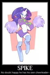 Size: 556x836 | Tagged: anthro, artist:bigdad, belly button, breasts, busty rarity, cheerleader, clothes, derpibooru import, horned humanization, human, humanized, implied shipping, implied sparity, implied straight, midriff, motivational poster, rarity, skirt, skirt lift, socks, suggestive, thigh highs, underboob