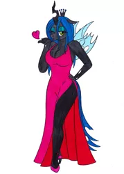 Size: 2482x3462 | Tagged: safe, artist:killerteddybear94, derpibooru import, queen chrysalis, anthro, beautiful, beautisexy, blowing a kiss, breasts, busty queen chrysalis, cleavage, clothes, crown, dress, female, green eyes, hand on hip, heart, high heels, horn, jewelry, looking at you, one eye closed, queen, regalia, sexy, shoes, side slit, simple background, solo, stupid sexy chrysalis, traditional art, white background, wings, wink