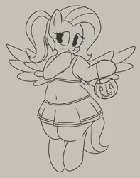 Size: 792x1004 | Tagged: artist:andelai, belly, belly button, blushing, cheerleader, chubby, clothes, cute, derpibooru import, female, fluttershy, halloween, holiday, jack-o-lantern, moe, pegasus, plump, ponytail, pumpkin, pumpkin bucket, safe, semi-anthro, sketch, skirt, solo, wings