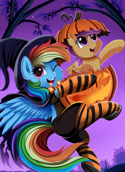 Size: 2550x3509 | Tagged: safe, artist:pridark, derpibooru import, rainbow dash, scootaloo, pegasus, pony, clothes, cute, cutealoo, dashabetes, halloween, hat, holiday, jack-o-lantern, looking at you, night, nightmare night, one eye closed, open mouth, pridark is trying to murder us, pumpkin, raised hoof, raised leg, scootalove, smiling, socks, stars, striped socks, tree, wink, witch hat