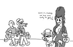 Size: 885x576 | Tagged: safe, artist:jargon scott, derpibooru import, oc, oc:brownie bun, oc:horsey husband, oc:human wifey, oc:richard, unofficial characters only, earth pony, human, pony, bald, clothes, costume, cowboy, cowboy hat, cultural appropriation, dialogue, elvira, grayscale, halloween, hat, hoers mask, holiday, mask, meme, monochrome, pony costume, pumpkin bucket, sheriff's badge, simple background, skeleton costume, trick or treat, triggered, unamused, white background