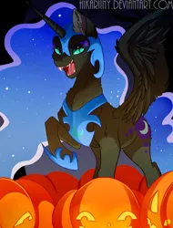 Size: 800x1050 | Tagged: alicorn, armor, artist:hikariviny, derpibooru import, fangs, halloween, holiday, jack-o-lantern, laughing, nightmare moon, pumpkin, safe, solo, teeth