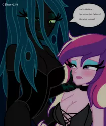 Size: 973x1161 | Tagged: suggestive, artist:cbear624, derpibooru import, princess cadance, queen chrysalis, equestria girls, ambiguous shipping, bedroom eyes, breasts, busty princess cadance, busty queen chrysalis, cadalis, chin stroke, choker, cleavage, clothes, dean cadance, dialogue, eyelashes, eyeshadow, female, fingerless gloves, gloves, i want you inside me, implied arousal, implied hypnosis, implied sex, implied sex slave, infidelity, intimate, leotard, lesbian, like what you see?, lingerie, lust, makeup, messy hair, nail polish, raised eyebrow, resistance is futile, seduction, sexy, shipping, smiling, smirk, speech bubble, stupid sexy chrysalis, subdance, this may end in sex, this will end in snu snu
