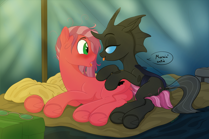 Size: 6000x4000 | Tagged: suggestive, artist:drake, derpibooru import, oc, oc:misanthropony, unofficial characters only, changeling, earth pony, pony, absurd resolution, blushing, changeling oc, dialogue, drool, drool string, female, kissing, looking at each other, looking back, male, mare, open mouth, pillow, saddle bag, shipping, side, smiling, stallion, surprise kiss, tent, tongue out, underhoof, wake up