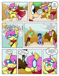 Size: 992x1283 | Tagged: safe, artist:zanezandell, derpibooru import, oc, oc:krabby, oc:sugarbolt, oc:truffle mint, unofficial characters only, earth pony, pegasus, pony, unicorn, comic:cmcnext, ascot, cape, clothes, cmcnext, colt, comic, electricity, facehoof, goggles, mace, male, speech bubble, sproing, weapon