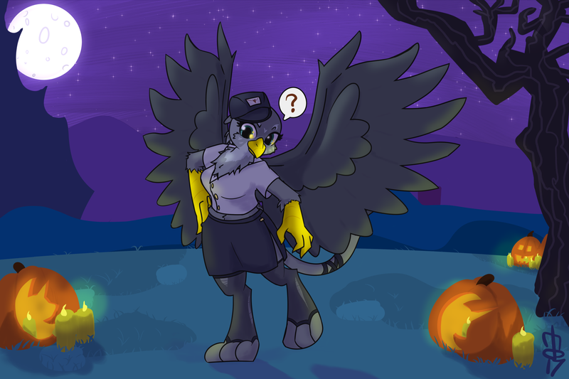 Size: 3000x2000 | Tagged: suggestive, artist:brownie-bytes, derpibooru import, gabby, anthro, gryphon, breasts, busty gabby, clothes, costume, female, halloween, hat, holiday, jack-o-lantern, mailgriffon, midriff, nightmare night costume, postman's hat, pumpkin, question mark, shirt, side slit, skirt, solo, spread wings, stockings, thigh highs, wings