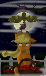 Size: 1820x3000 | Tagged: safe, artist:amywhooves, derpibooru import, applejack, fluttershy, bat pony, apple, basket, cloud, cowboy hat, fangs, fence, flowing mane, flutterbat, food, full moon, hat, moon, night, nightmare night, open mouth, paranoia fuel, race swap, red eyes, signature, smiling, spread wings, stars, sweet apple acres, tongue out, torn wings, tree, upside down, wind, windswept mane, wings