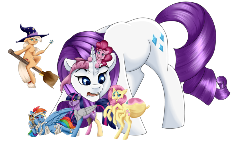 Size: 1024x635 | Tagged: safe, artist:crecious, derpibooru import, applejack, fluttershy, pinkie pie, rainbow dash, rarity, twilight sparkle, twilight sparkle (alicorn), alicorn, merpony, monster pony, original species, pony, spiderpony, broom, flying, flying broomstick, frankenpony, frankenstein's monster, halloween, hat, holiday, looking at you, mane six, rearing, simple background, size difference, smiling, smoldash, species swap, spidershy, transparent background, witch, witch hat