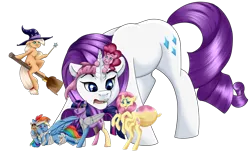 Size: 1024x635 | Tagged: safe, artist:crecious, derpibooru import, applejack, fluttershy, pinkie pie, rainbow dash, rarity, twilight sparkle, twilight sparkle (alicorn), alicorn, merpony, monster pony, original species, pony, spiderpony, broom, flying, flying broomstick, frankenpony, frankenstein's monster, halloween, hat, holiday, looking at you, mane six, rearing, simple background, size difference, smiling, smoldash, species swap, spidershy, transparent background, witch, witch hat
