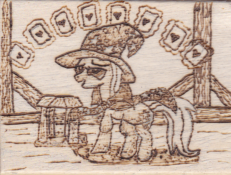 Size: 786x597 | Tagged: safe, artist:malte279, derpibooru import, trixie, card, gambling, pyrography, traditional art