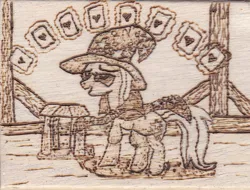 Size: 786x597 | Tagged: safe, artist:malte279, derpibooru import, trixie, card, gambling, pyrography, traditional art