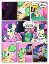 Size: 992x1283 | Tagged: artist:zanezandell, bathrobe, bed, bedroom, bon bon, clothes, cmcnext, colt, comic, comic:cmcnext, derpibooru import, female, freaked out, male, monster, mother, mother and son, oc, oc:truffle mint, poster, robe, safe, scared, scarf, slippers, son, speech bubble, sweetie drops