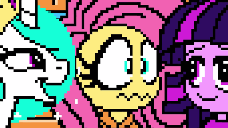 Size: 1280x720 | Tagged: safe, artist:2snacks, derpibooru import, fluttershy, princess celestia, twilight sparkle, human, pony, two best sisters play, pixel art