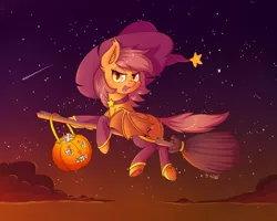 Size: 3125x2500 | Tagged: safe, artist:dsp2003, derpibooru import, oc, oc:meadow stargazer, unofficial characters only, bat pony, pony, bedroom eyes, blushing, broom, candy, cloud, cute, female, flying, flying broomstick, food, frog (hoof), halloween, hat, high res, holiday, looking at you, mare, ocbetes, open mouth, pumpkin bucket, race swap, solo, stars, underhoof, witch, witch hat