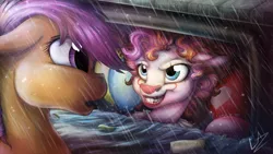 Size: 3840x2160 | Tagged: safe, alternate version, artist:lupiarts, derpibooru import, pinkie pie, scootaloo, earth pony, pony, balloon, blue eyes, clown, crossover, female, filly, it, mare, open mouth, pennywise, pinkiewise, rain, sidewalk, signature, stephen king, storm drain, teeth, water