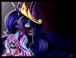Size: 3300x2527 | Tagged: semi-grimdark, artist:bambudess, derpibooru import, princess celestia, princess luna, blood, death, decapitated, evil grin, female, grin, implied murder, mare, mouth hold, royal sisters, severed head, smiling, tongue out