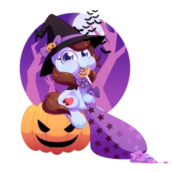 Size: 1200x1200 | Tagged: safe, artist:yokokinawa, derpibooru import, oc, oc:maizzey starr, unofficial characters only, pony, candy, female, food, halloween, hat, holiday, jack-o-lantern, lollipop, mare, pumpkin, simple background, solo, transparent background, witch hat
