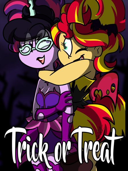 Size: 3000x4000 | Tagged: safe, artist:befishproductions, derpibooru import, sci-twi, sunset shimmer, twilight sparkle, equestria girls, friendship games, clothes, costume, dress, female, halloween, holiday, hug, lesbian, midnight sparkle, midnightsatan, purple background, scitwishimmer, shipping, simple background, smiling, sunset satan, sunsetsparkle, trick or treat