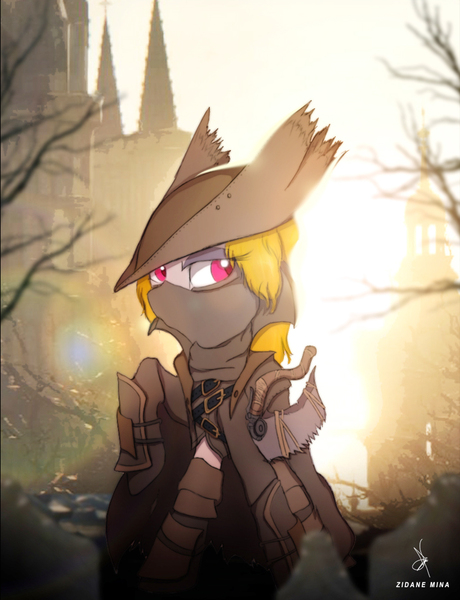 Size: 828x1080 | Tagged: safe, artist:zidanemina, derpibooru import, oc, unofficial characters only, pony, bloodborne, clothes, costume, crossover, female, halloween, hat, holiday, mare, quickie, solo