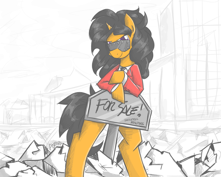 Size: 1200x960 | Tagged: safe, artist:flutterthrash, derpibooru import, oc, ponified, unofficial characters only, pony, semi-anthro, unicorn, black hair, black mane, clothes, commission, female, for sale, glasses, mare, megadeth, ponified album cover, sign, solo, standing, suit