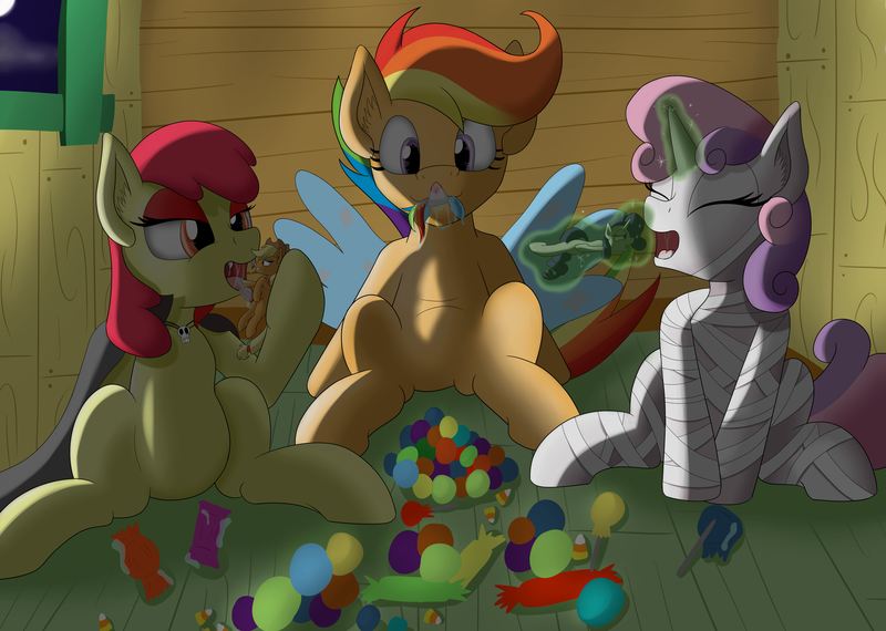 Size: 5000x3562 | Tagged: questionable, artist:foxkai, derpibooru import, apple bloom, applejack, rainbow dash, rarity, scootaloo, sweetie belle, earth pony, pegasus, pony, unicorn, clothes, costume, cutie mark crusaders, drool, drool string, female, fetish, filly, halloween, holiday, kitchen eyes, levitation, licking, magic, mare, micro, predbloom, preydash, preyjack, rariprey, saliva puddle, salivating, scootapred, sibling vore, size difference, sweetiepred, tasting, telekinesis, tongue out, vore