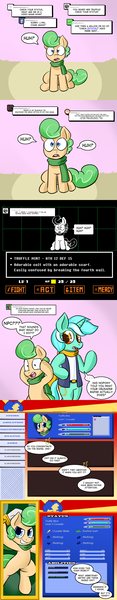 Size: 700x3600 | Tagged: artist:zanezandell, ask, clothes, cmcnext, colt, comic, comic:cmcnext, confused, derpibooru import, female, huh, life bar, lyra heartstrings, magical lesbian spawn, male, mother, mother and son, oc, oc:truffle mint, offspring, parent:bon bon, parent:lyra heartstrings, parents:lyrabon, safe, scarf, shirt, son, speech bubble, stats, status, sword, tumblr, undertale, vest, video game, weapon