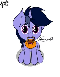 Size: 961x1240 | Tagged: safe, artist:kimjoman, derpibooru import, oc, oc:purple flix, unofficial characters only, basket, candy, cute, food, halloween, holiday, jack-o-lantern, looking at you, looking up, mouth hold, nightmare night, pumpkin, pumpkin bucket, simple background, sitting, solo, trick or treat, white background