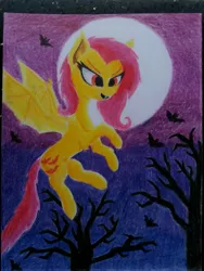 Size: 3096x4128 | Tagged: safe, artist:ironbeastz, derpibooru import, fluttershy, bat, bat pony, pony, flutterbat, high res, moon, night, race swap, solo, traditional art, tree