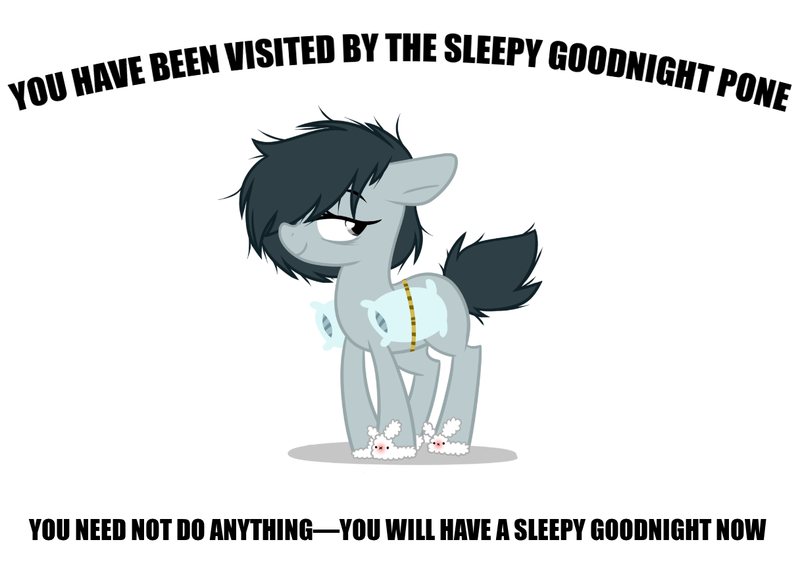 Size: 1216x865 | Tagged: safe, artist:s-ansy, derpibooru import, edit, oc, oc:sleepy goodnight, unofficial characters only, earth pony, pony, bunny slippers, clothes, cute, exploitable meme, floppy ears, goodnight, if you see this image while scrolling, meme, messy mane, pillow, rope, simple background, sleepy, slippers, solo, tired, white background