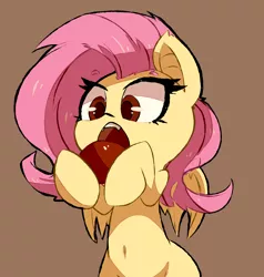 Size: 1526x1606 | Tagged: safe, artist:bloodatius, derpibooru import, fluttershy, bat pony, pony, apple, belly button, bipedal, brown background, cute, female, flutterbat, food, open mouth, race swap, red eyes, shyabates, shyabetes, simple background, solo, that pony sure does love apples