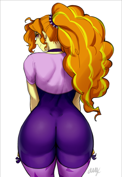 Size: 894x1300 | Tagged: artist needed, suggestive, derpibooru import, adagio dazzle, equestria girls, adagio dat-azzle, ass, looking at you, looking back, presenting, rear view, simple background, smiling, stupid sexy adagio dazzle, tight clothing, vacuum sealed clothing, white background, wide hips