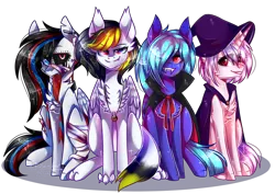 Size: 3200x2270 | Tagged: safe, artist:huirou, derpibooru import, oc, oc:doge sushi, oc:huirou lazuli, oc:rinny, oc:snowbunny, unofficial characters only, pegasus, pony, unicorn, vampire, cloak, clothes, costume, female, hat, high res, mare, nightmare night costume, simple background, sitting, transparent background, witch hat