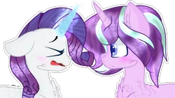 Size: 1244x702 | Tagged: safe, artist:emerald-bliss, derpibooru import, rarity, starlight glimmer, pony, alternate hairstyle, blushing, duo, duo female, female, magic, mare, simple background, transparent background