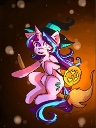 Size: 768x1024 | Tagged: safe, artist:jackytheripperart, derpibooru import, starlight glimmer, pony, unicorn, broom, chest fluff, eyebrows, flying, flying broomstick, halloween, hat, holiday, jack-o-lantern, pumpkin, pumpkin bucket, solo, witch, witch hat