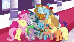 Size: 1280x720 | Tagged: applejack, derpibooru import, dragon, flash magnus, fluttershy, group hug, hug, mane five, meadowbrook, mistmane, pillars of equestria, pinkie pie, plot, rainbow dash, rarity, rockhoof, safe, screencap, shadow play, somnambula, spike, star swirl the bearded, stygian