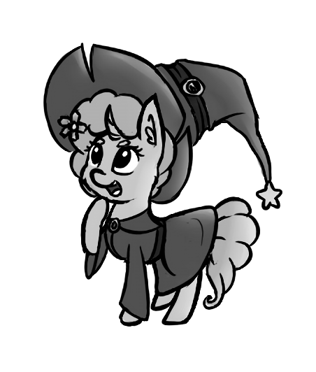 Size: 452x532 | Tagged: safe, artist:dsp2003, derpibooru import, oc, oc:sakuragi-san, unofficial characters only, pony, unicorn, clothes, costume, female, hat, mare, monochrome, simple background, style emulation, transparent background, witch, witch hat