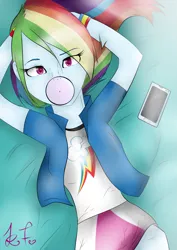 Size: 2149x3035 | Tagged: safe, artist:xxdestinyrosexx, derpibooru import, rainbow dash, equestria girls, arm behind head, bed, bubble, bubblegum, clothes, female, food, gum, looking at you, looking up, looking up at you, lying down, mobile phone, on back, phone, smartphone, solo
