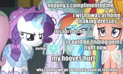 Size: 601x364 | Tagged: safe, derpibooru import, edit, edited screencap, screencap, flash magnus, fluttershy, mistmane, rainbow dash, rarity, rockhoof, somnambula, pony, unicorn, shadow play, braid, clothes, complaining, cowboy hat, darling, female, hat, i wish i was at home, i wish i was home, image macro, magic, manehattan, mare, meme, see-through, text