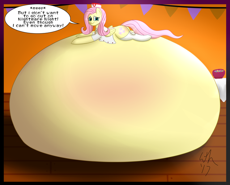 Size: 4309x3477 | Tagged: artist:whiteheart, belly, belly bed, clothes, derpibooru import, fertile fright, fluttershy, hyper, hyper pregnancy, impossibly large belly, looking at you, nurse outfit, preggoshy, pregnant, questionable, socks, thigh highs