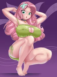 Size: 660x900 | Tagged: arm behind head, armpits, artist:thebrokencog, barefoot, big breasts, boob window, bra, breasts, busty fluttershy, cat keyhole bra set, cat lingerie, clothes, derpibooru import, erect nipples, feet, female, fluttershy, full body, green underwear, human, humanized, lingerie, looking at you, nipple outline, nipples, open mouth, panties, solo, solo female, suggestive, underwear