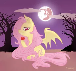 Size: 1024x950 | Tagged: safe, artist:flourret, derpibooru import, fluttershy, bat pony, pony, apple, chest fluff, cloud, ear fluff, fangs, female, flutterbat, food, full moon, hoof hold, lidded eyes, long mane, looking at you, mare in the moon, moon, night, outdoors, profile, race swap, red eyes, signature, sitting, sky, slit eyes, smiling, smirk, solo, spread wings, tree, unshorn fetlocks, wings