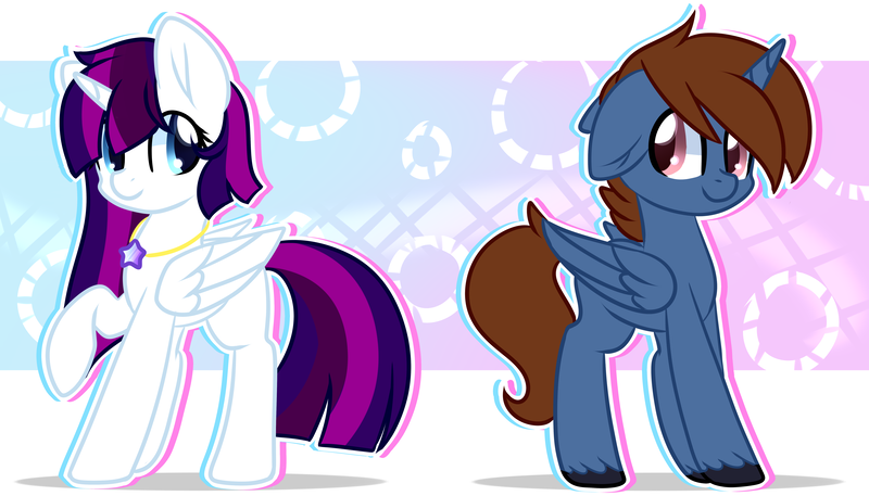 Size: 7000x4000 | Tagged: safe, artist:twily-star, derpibooru import, oc, oc:headlong flight, oc:twily star, unofficial characters only, alicorn, pony, abstract background, alicorn oc, duo, female, jewelry, male, mare, movie accurate, necklace, stallion