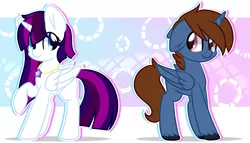 Size: 7000x4000 | Tagged: safe, artist:twily-star, derpibooru import, oc, oc:headlong flight, oc:twily star, unofficial characters only, alicorn, pony, abstract background, alicorn oc, duo, female, jewelry, male, mare, movie accurate, necklace, stallion