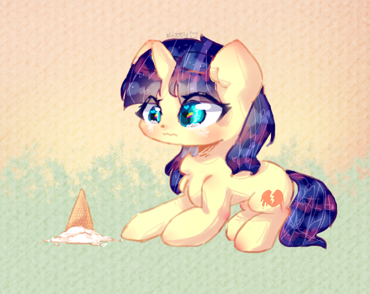 Size: 1100x875 | Tagged: safe, artist:cutiekittyfoxpainter, derpibooru import, oc, unofficial characters only, pony, unicorn, crying, cute, dropped ice cream, female, filly, food, ice cream, mare, ocbetes, solo